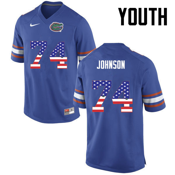 Youth Florida Gators #74 Fred Johnson College Football USA Flag Fashion Jerseys-Blue - Click Image to Close